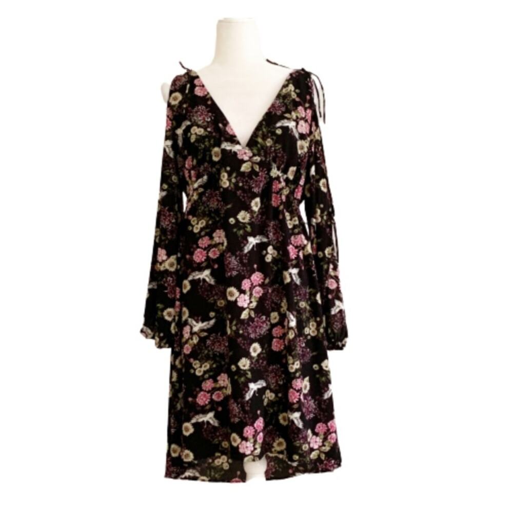 Kensie Dress Black Pink Floral Crane Motif Long Sleeve Cold Shoulder Large - Picture 12 of 15